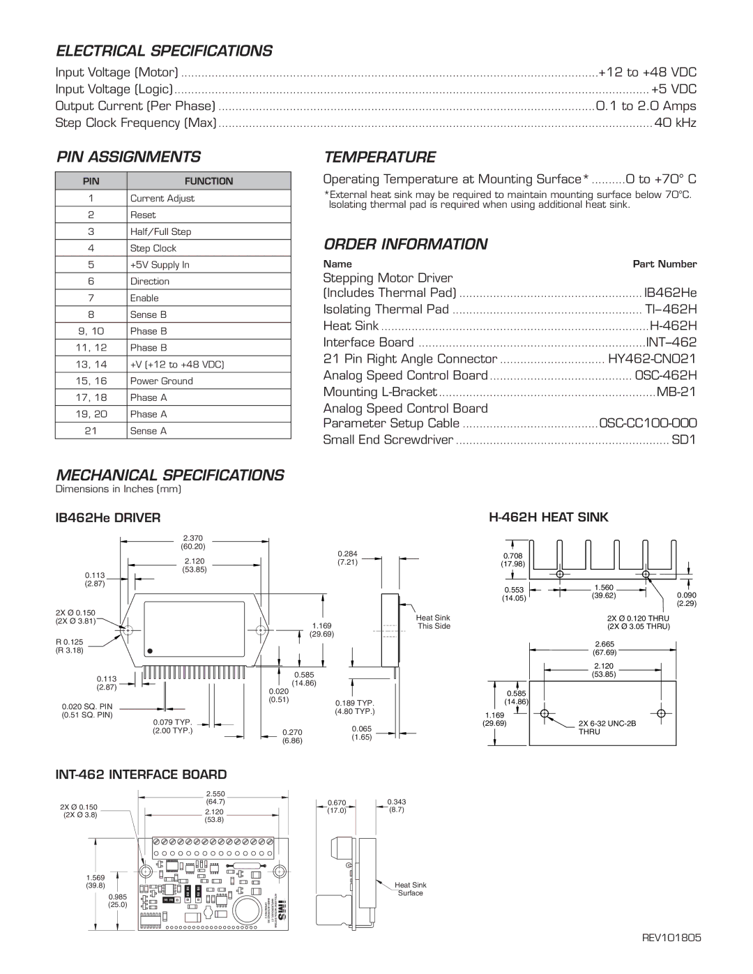 Intelligent Motion Systems IB462He warranty Electrical Specifications, PIN Assignments, Temperature, Order Information 