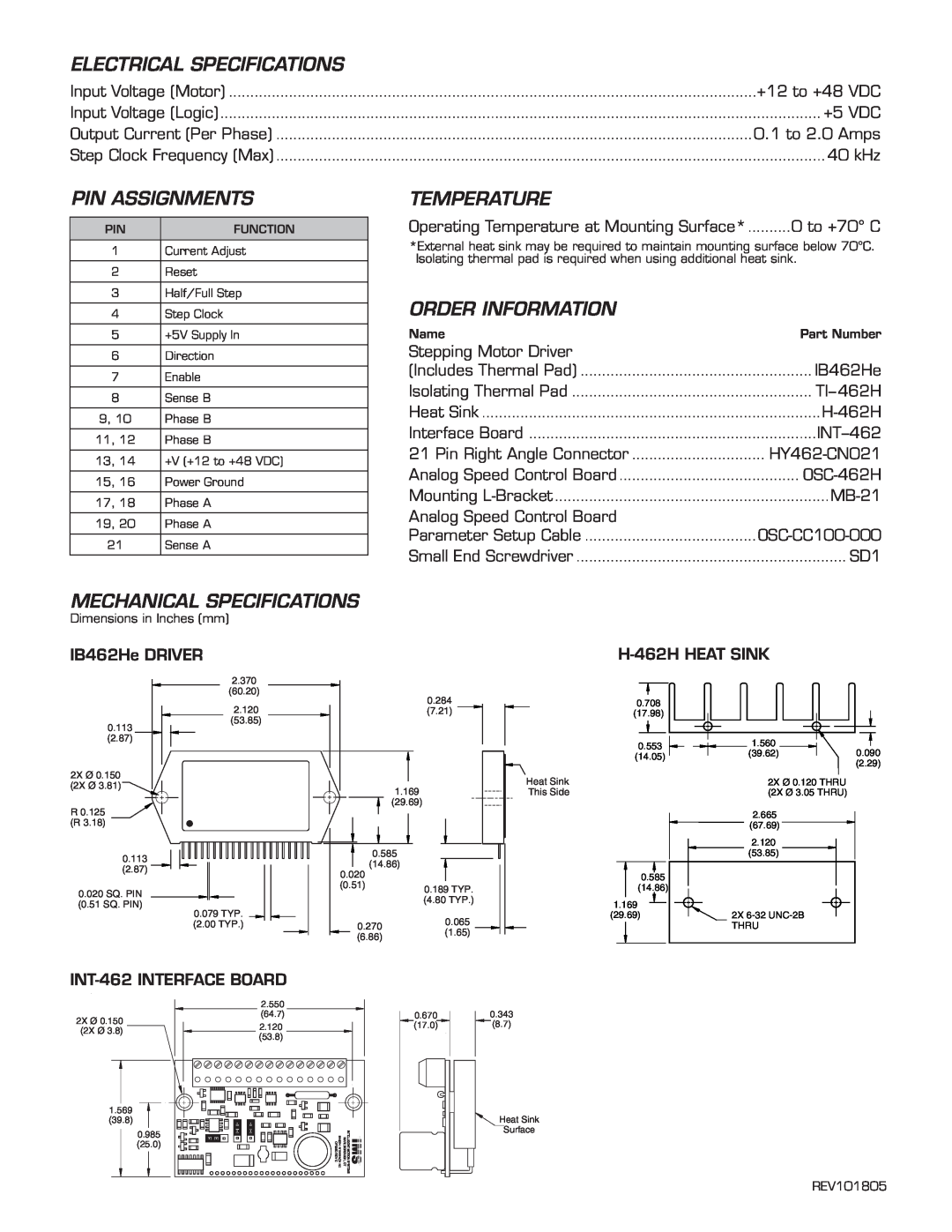 Intelligent Motion Systems IB462He warranty Electrical Specifications, Pin Assignments, Temperature, Order Information 