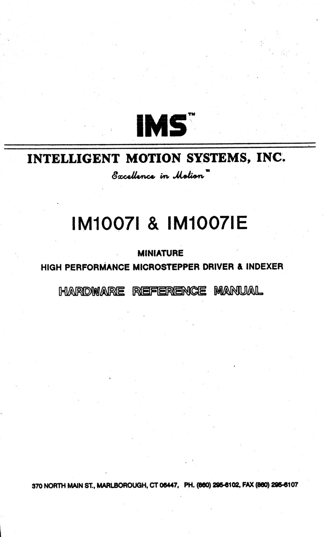 Intelligent Motion Systems IM1007 I/IE manual 