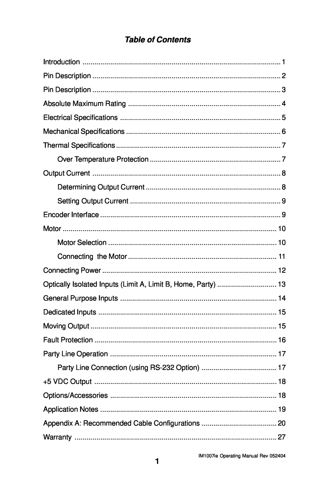 Intelligent Motion Systems IM1007 I/IE manual Table of Contents, IM1007ie Operating Manual Rev 