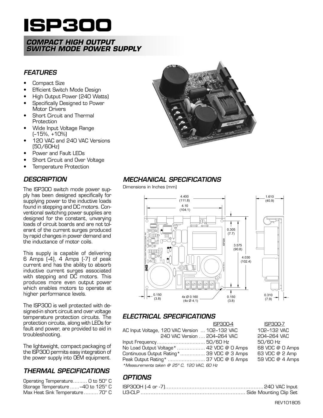 Intelligent Motion Systems ISP300 specifications Compact High Output Switch Mode Power Supply 