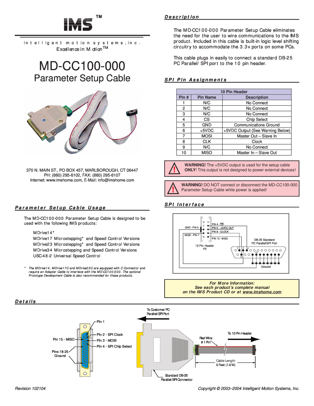 Intelligent Motion Systems MD-CC100-000 manual Parameter Setup Cable, Excellence in MotionTM, D e s c r i p t i o n 