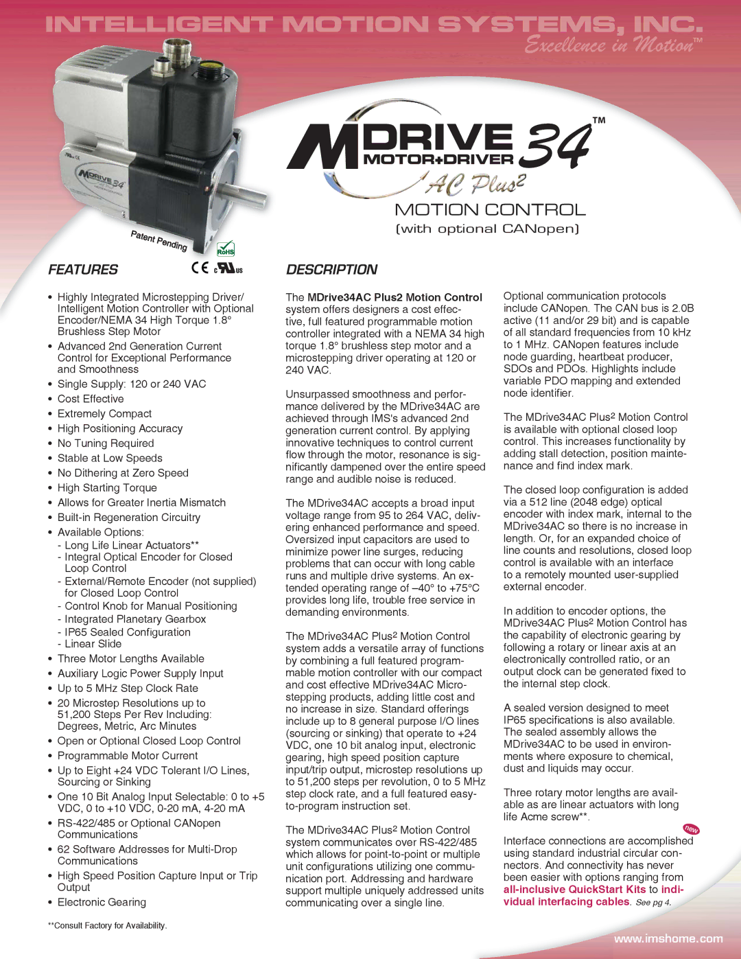 Intelligent Motion Systems MDI34 specifications Features, Description, With optional CANopen 