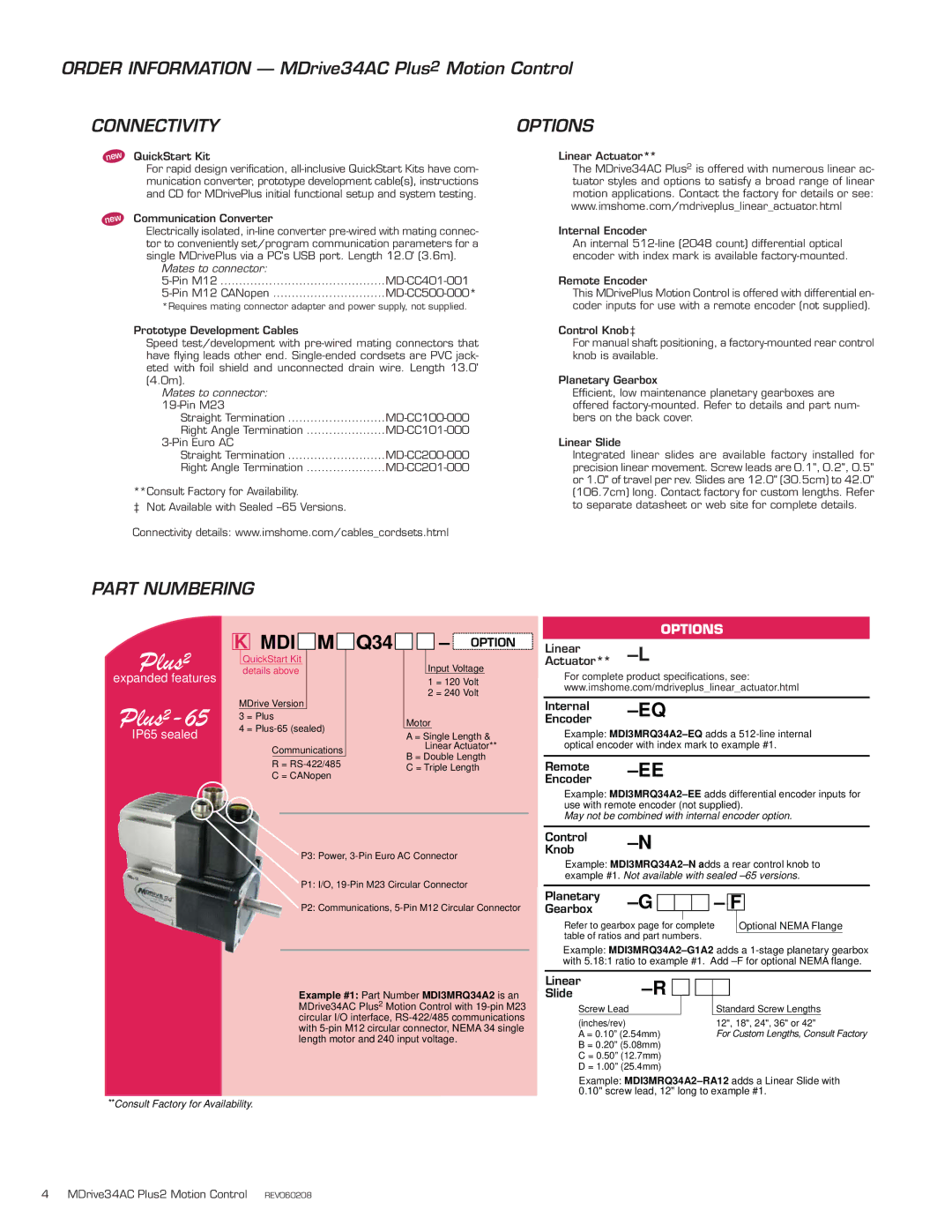 Intelligent Motion Systems MDI34 specifications Connectivity, Options, Part Numbering 