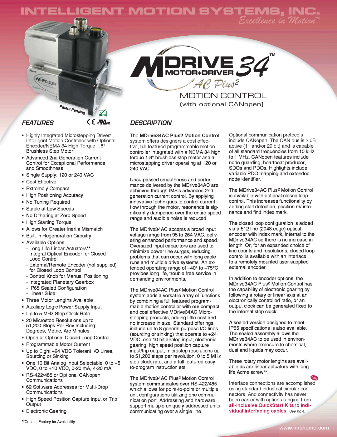 Intelligent Motion Systems MDI34 specifications mOTION CONTROL, Features, Description, with optional CANopen, 34TM 