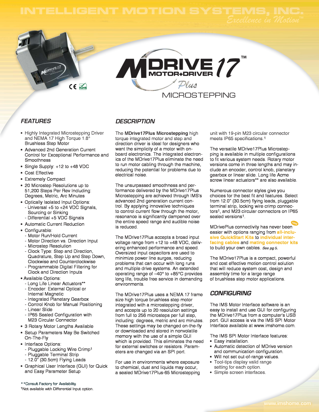 Intelligent Motion Systems MDM17Plus specifications Microstepping, Features, Description, Configuring, 17 TM 