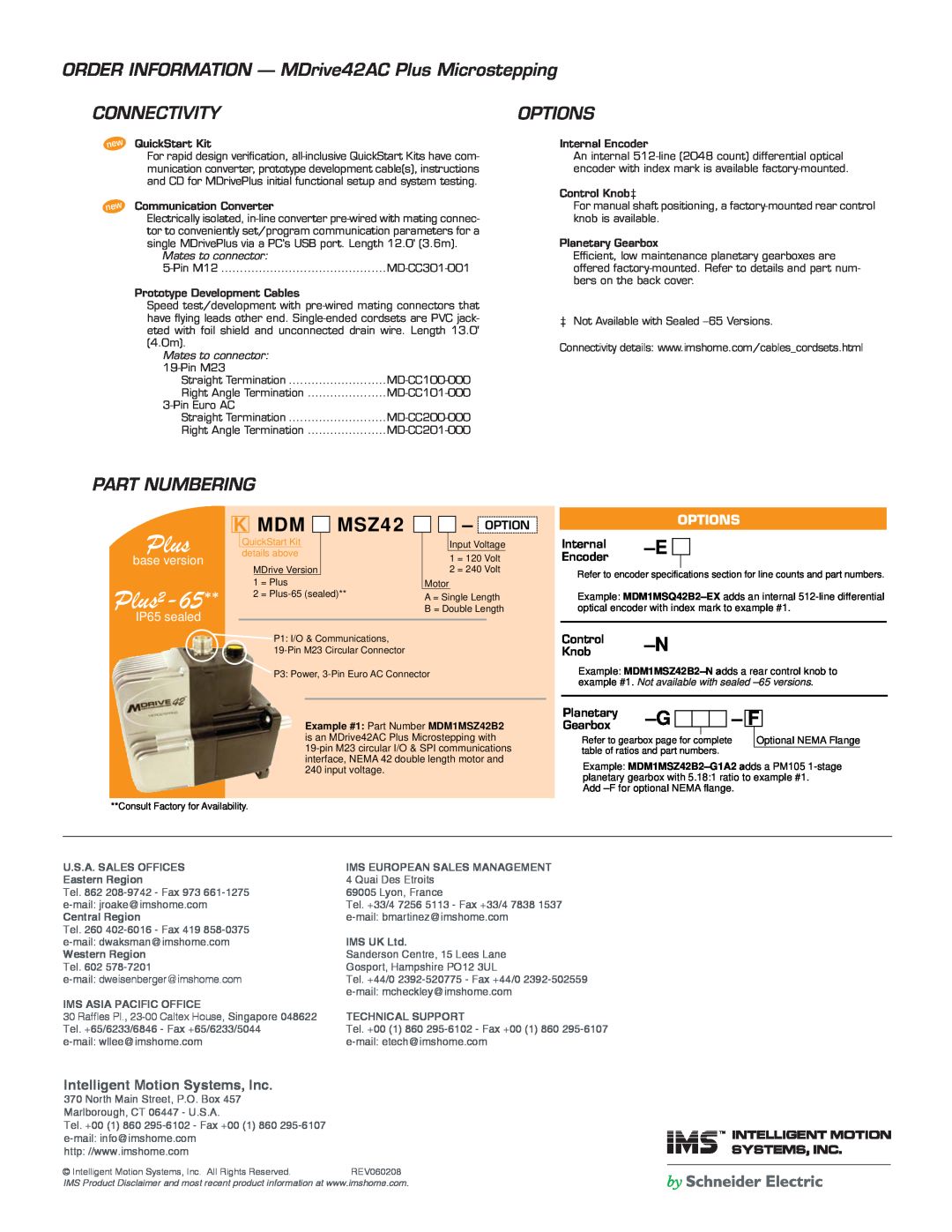 Intelligent Motion Systems MDM42 AC ORDER INFORMATION - MDrive42AC Plus Microstepping, Connectivity, Options, Plus2-65 