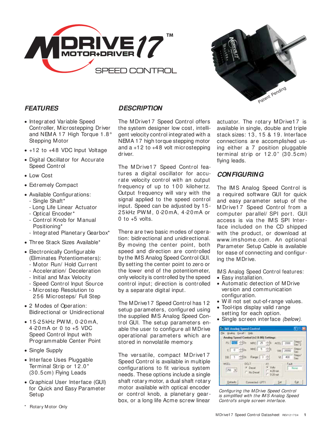 Intelligent Motion Systems MDO17 manual Featuresdescription, Configuring 