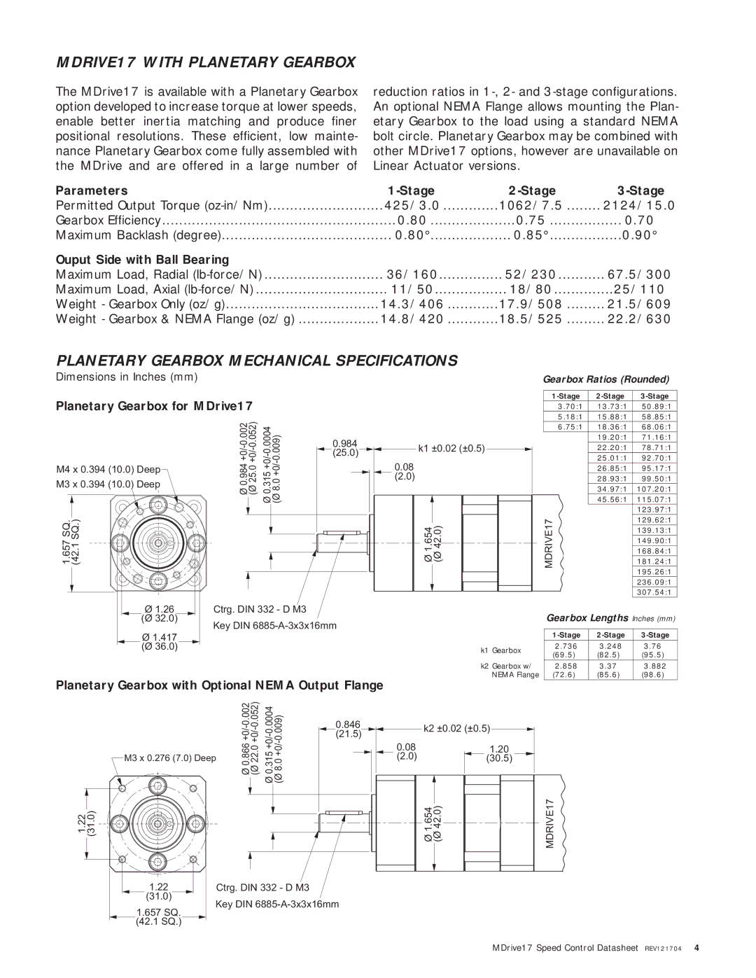 Intelligent Motion Systems MDO17 manual MDRIVE17 with Planetary Gearbox, Planetary Gearbox Mechanical Specifications 