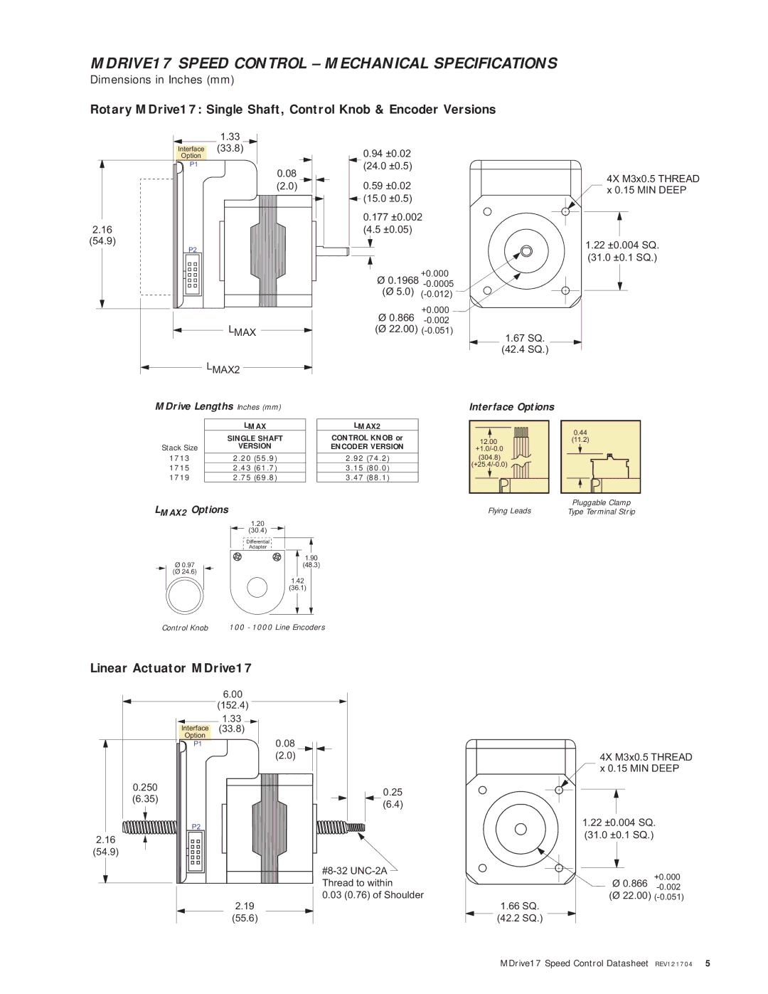 Intelligent Motion Systems MDO17 MDRIVE17 Speed Control Mechanical Specifications, Linear Actuator MDrive17, LMAX2 Options 