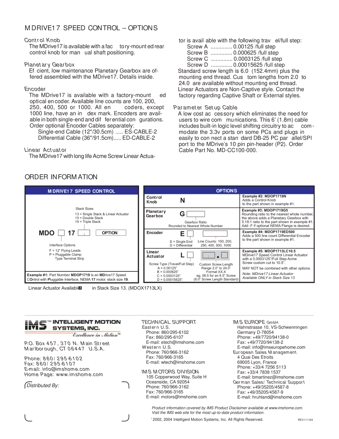 Intelligent Motion Systems MDO17 manual MDRIVE17 Speed Control Options, Order Information 