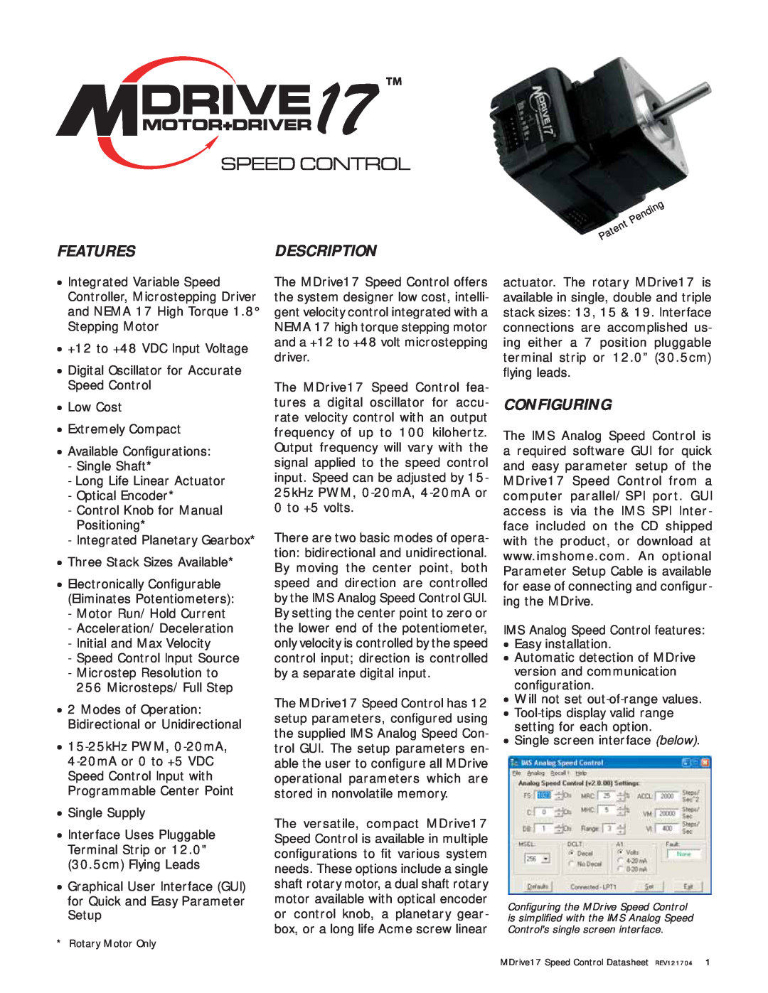 Intelligent Motion Systems MDO17 manual Featuresdescription, Configuring, Speed Control 