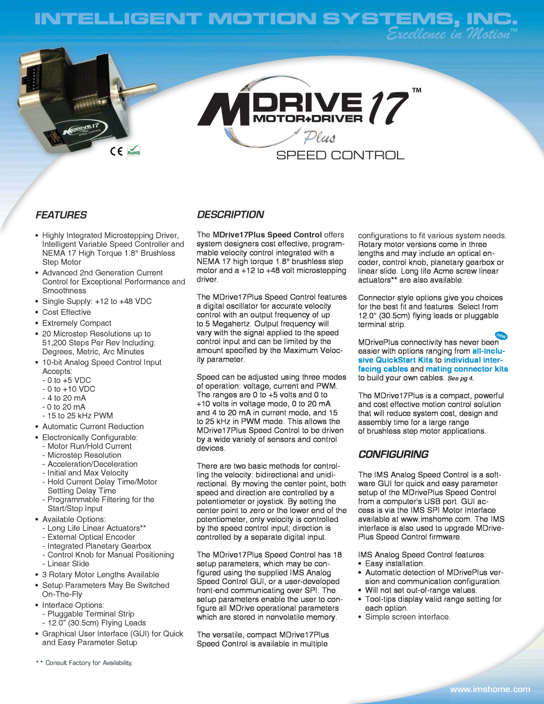 Intelligent Motion Systems MDO17Plus quick start Speed Control, Features, Description, Configuring, 17 TM 