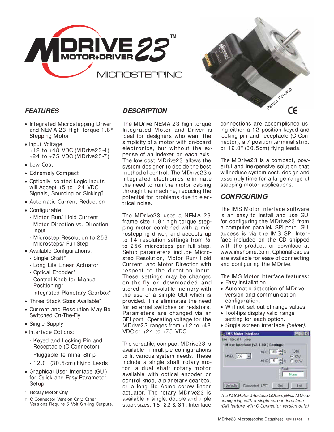 Intelligent Motion Systems MDrive23 manual Featuresdescription, Configuring 