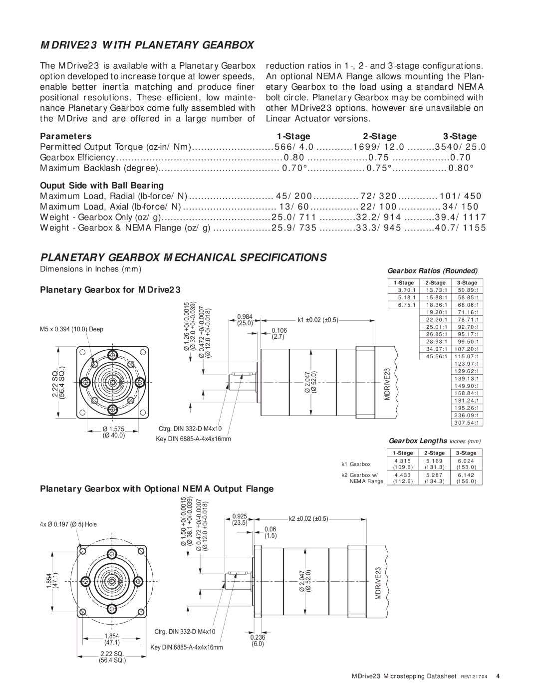 Intelligent Motion Systems MDrive23 manual MDRIVE23 with Planetary Gearbox, Planetary Gearbox Mechanical Specifications 