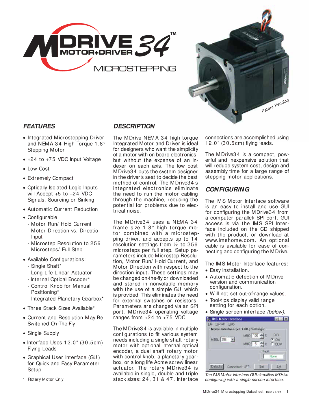 Intelligent Motion Systems manual Features, Description, Configuring, MDrive34 Microstepping Datasheet REV121704 