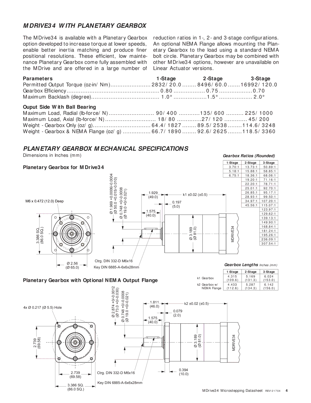 Intelligent Motion Systems MDrive34 manual MDRIVE34 with Planetary Gearbox, Planetary Gearbox Mechanical Specifications 