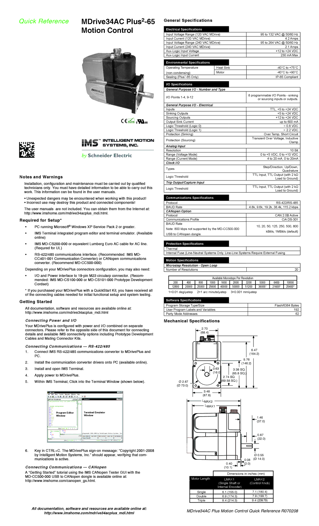 Intelligent Motion Systems MDrive34AC Plus2-65 specifications Required for Setup, Getting Started, General Specifications 