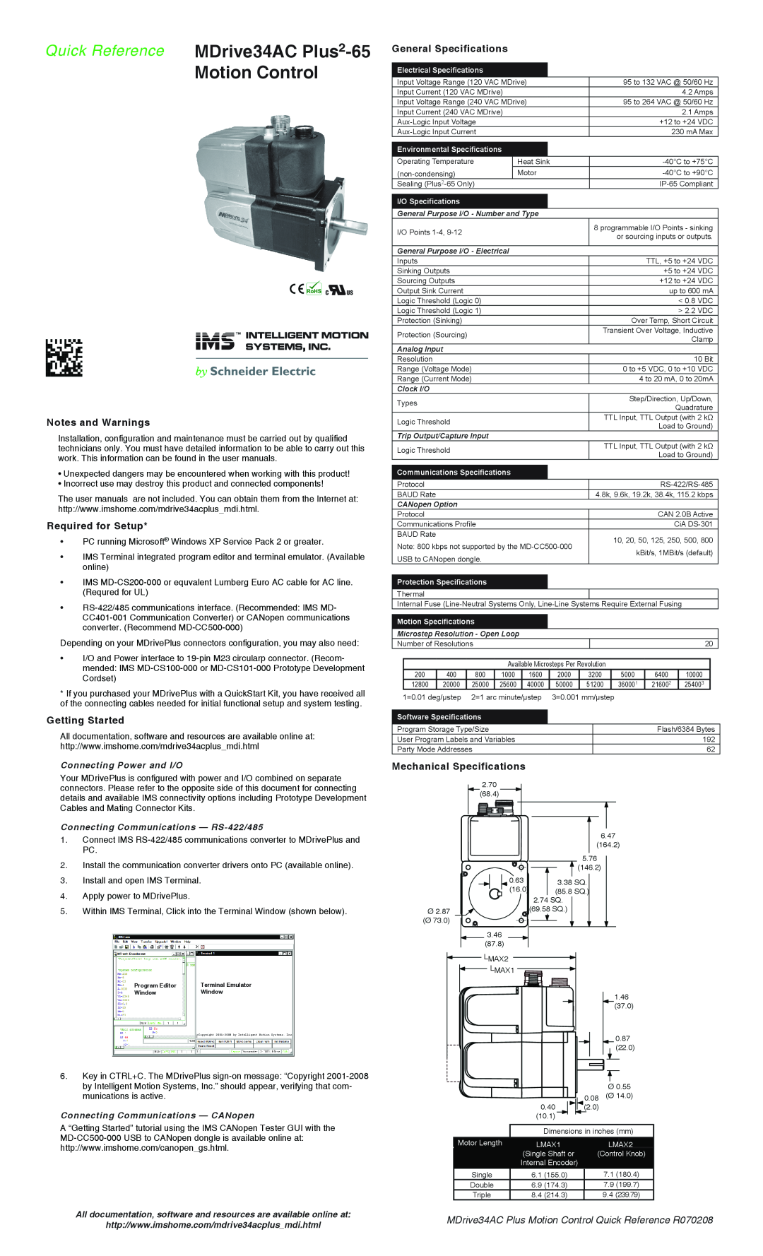 Intelligent Motion Systems MDrive34AC Plus2-65 specifications Notes and Warnings, Required for Setup, Getting Started 