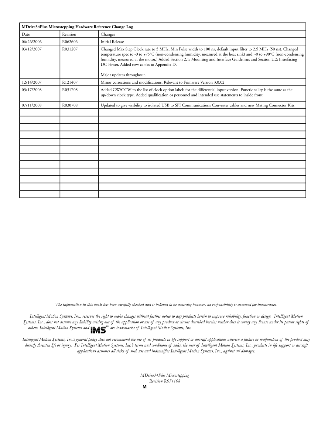 Intelligent Motion Systems manual MDrive34Plus Microstepping Hardware Reference Change Log 