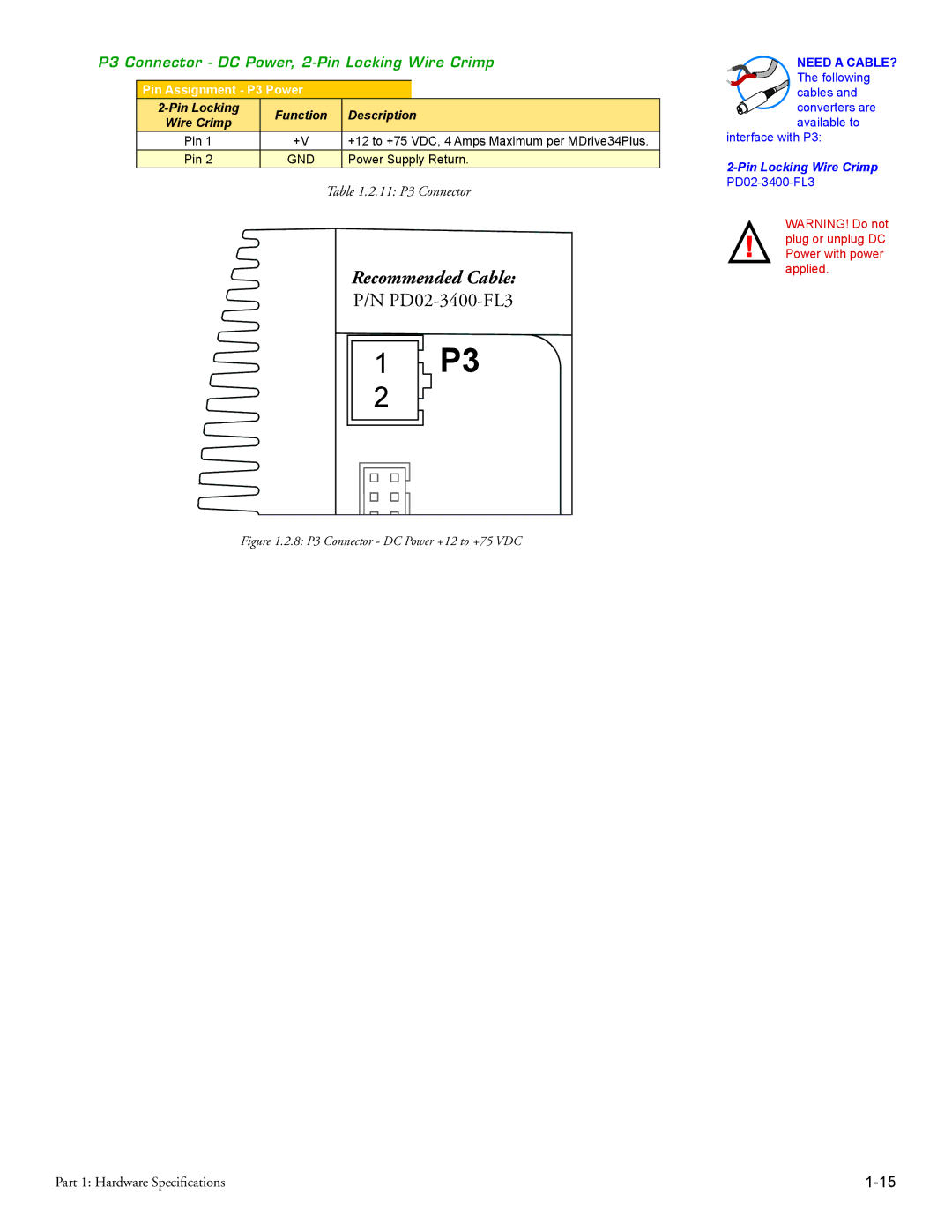 Intelligent Motion Systems MDrive34Plus manual PD02-3400-FL3, P3 Connector DC Power, 2-Pin Locking Wire Crimp 