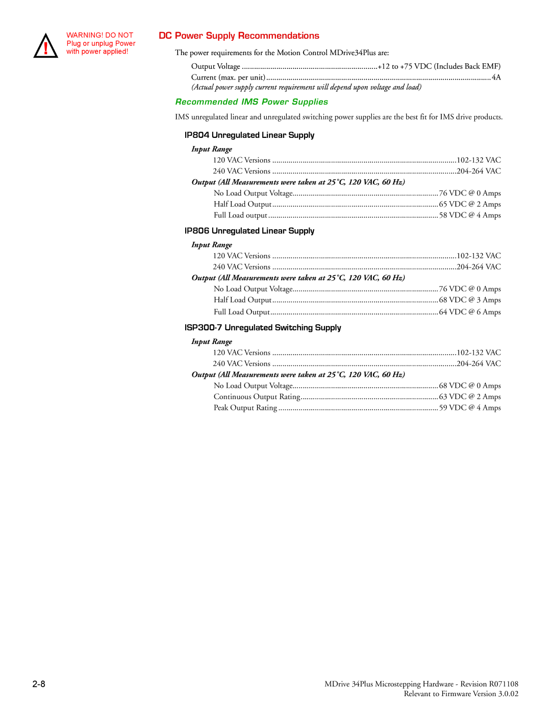 Intelligent Motion Systems MDrive34Plus manual DC Power Supply Recommendations, IP804 Unregulated Linear Supply 