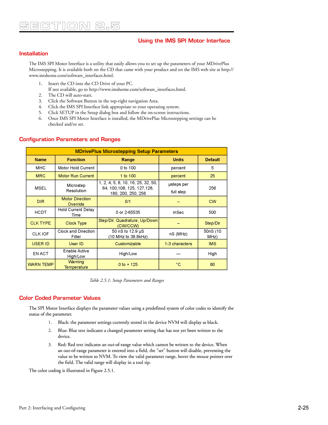 Intelligent Motion Systems MDrive34Plus manual Using the IMS SPI Motor Interface Installation, Color Coded Parameter Values 