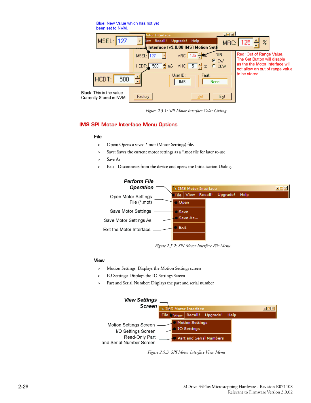 Intelligent Motion Systems MDrive34Plus manual IMS SPI Motor Interface Menu Options, File, View 