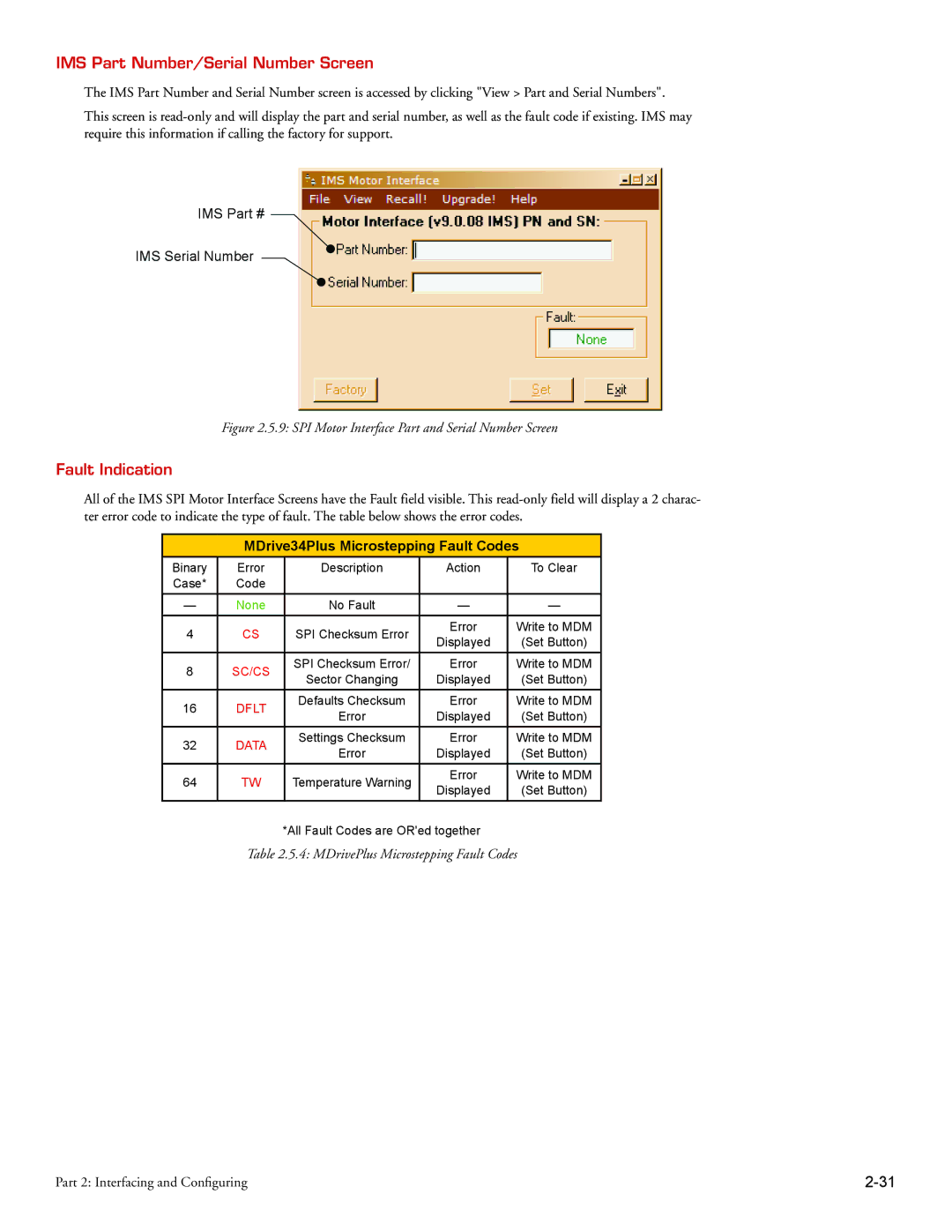 Intelligent Motion Systems MDrive34Plus IMS Part Number/Serial Number Screen, Fault Indication, IMS IMS Serial Number 