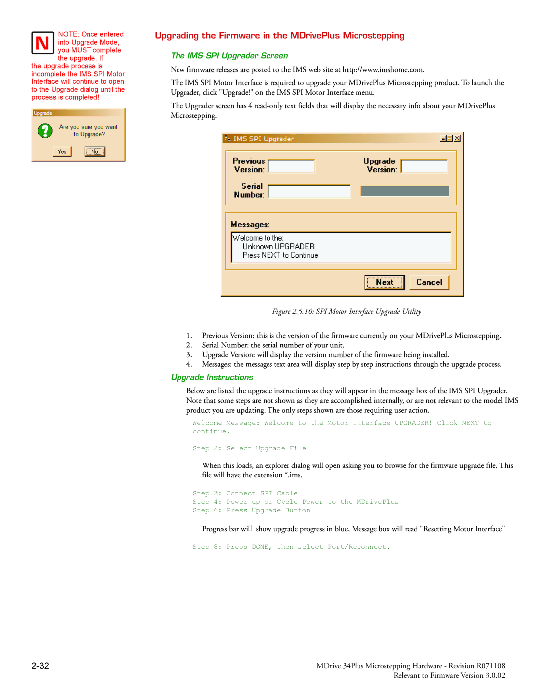 Intelligent Motion Systems MDrive34Plus Upgrading the Firmware in the MDrivePlus Microstepping, IMS SPI Upgrader Screen 