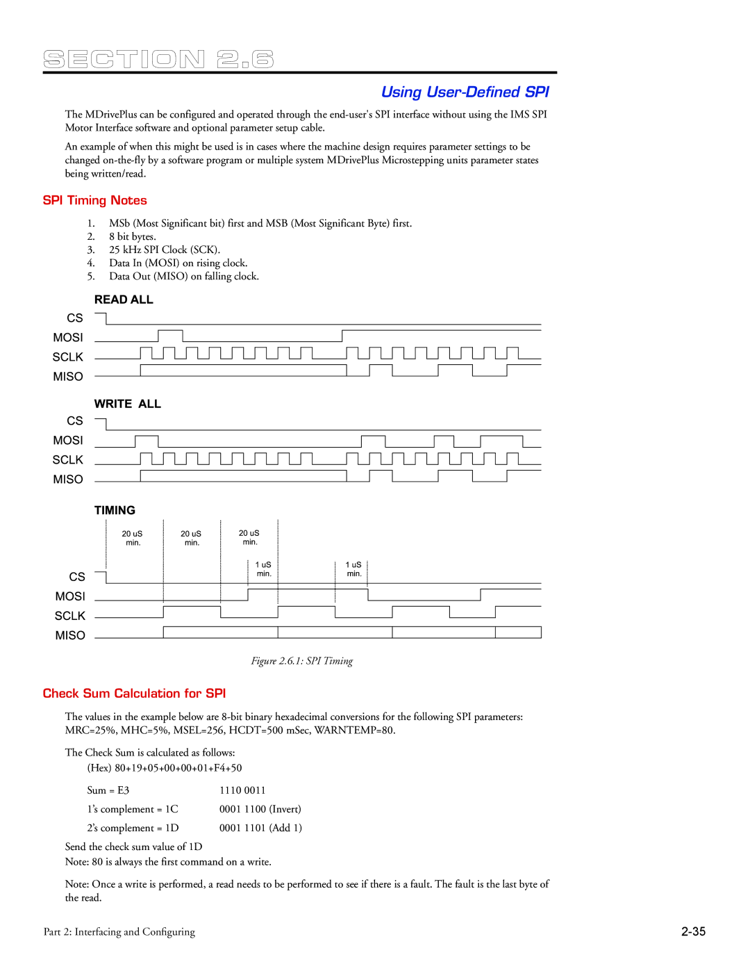 Intelligent Motion Systems MDrive34Plus manual Using User-Defined SPI, SPI Timing Notes, Check Sum Calculation for SPI 