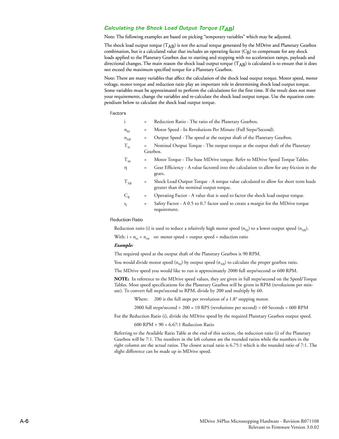 Intelligent Motion Systems MDrive34Plus Calculating the Shock Load Output Torque TAB, Factors, Reduction Ratio, Example 