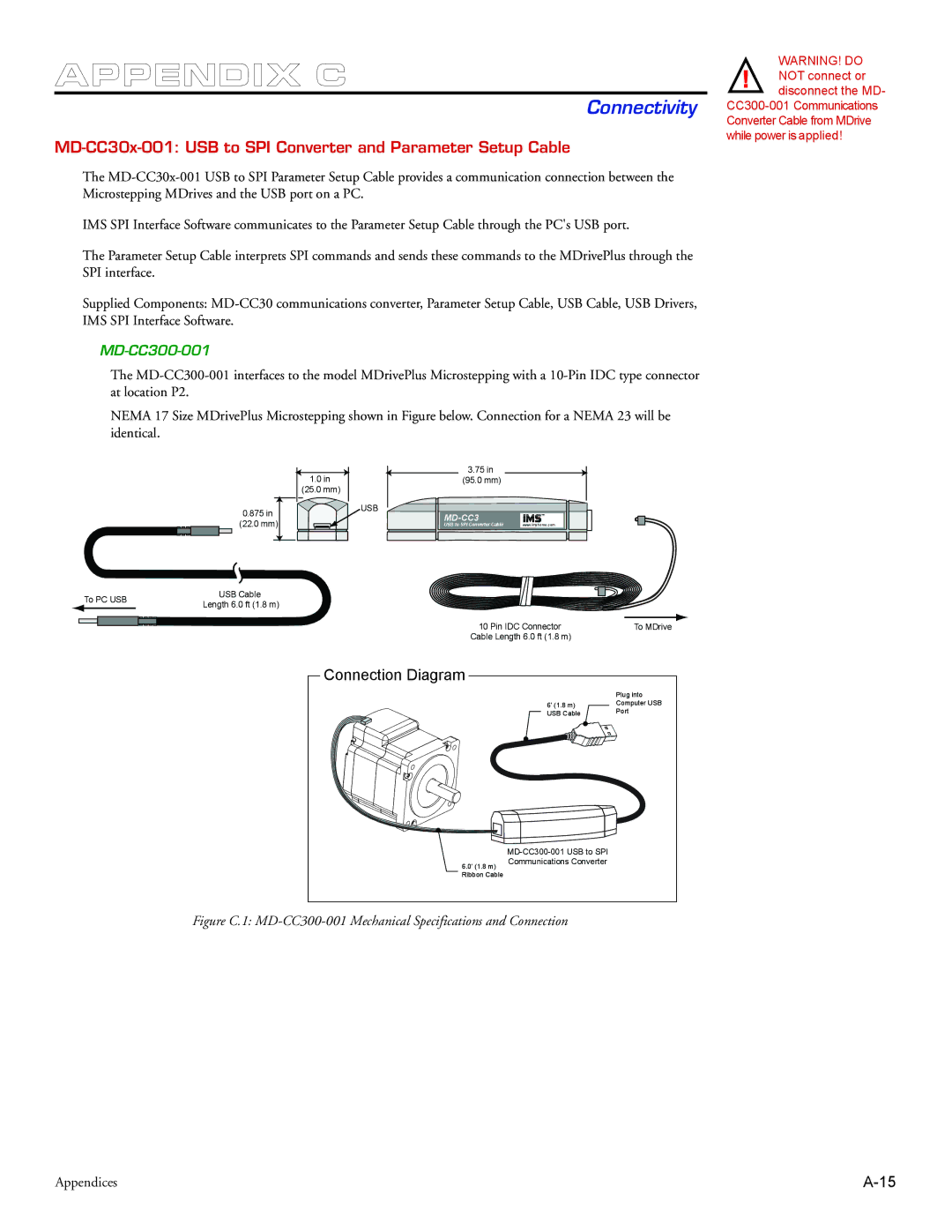 Intelligent Motion Systems MDrive34Plus manual Connectivity, MD-CC30x-001 USB to SPI Converter and Parameter Setup Cable 