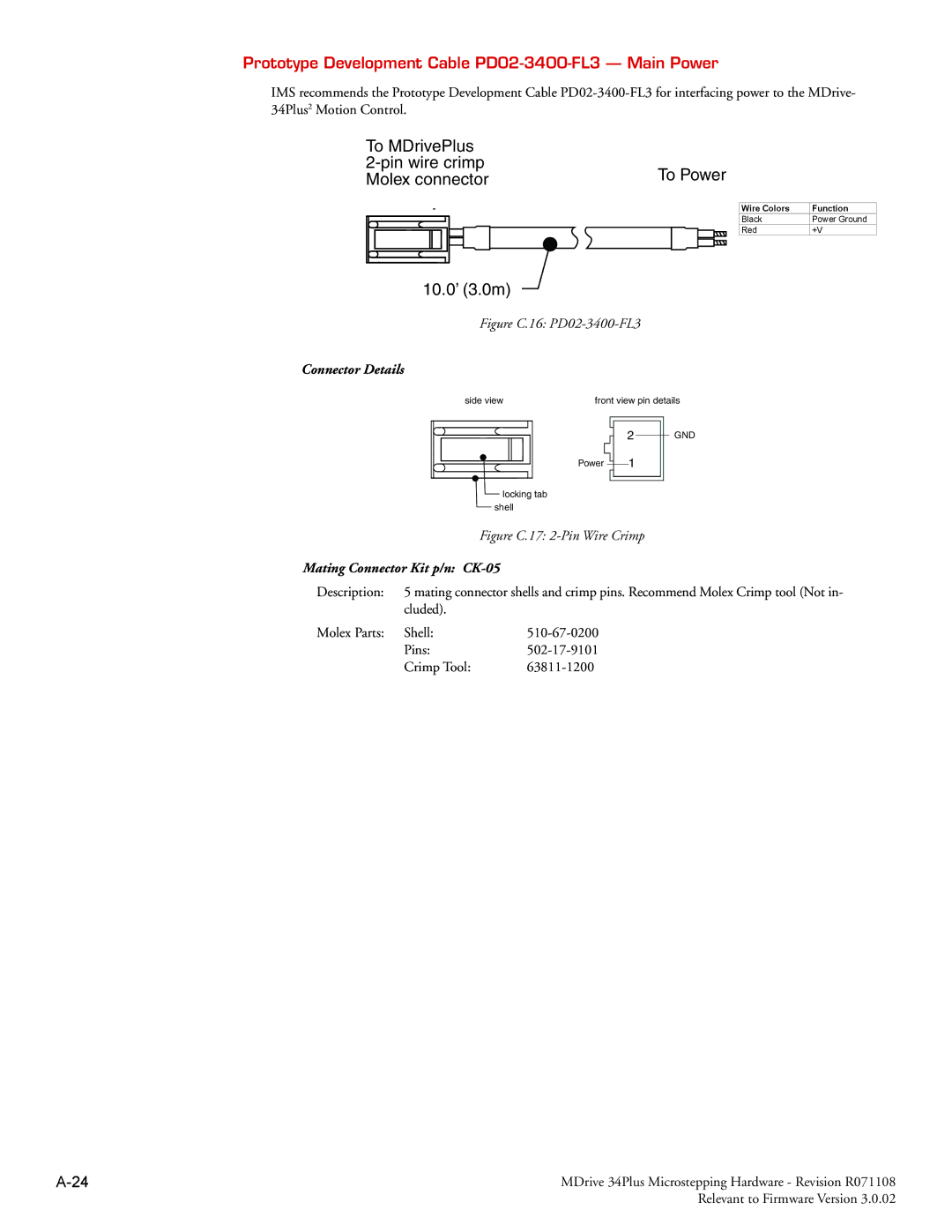 Intelligent Motion Systems MDrive34Plus manual Prototype Development Cable PD02-3400-FL3 Main Power 