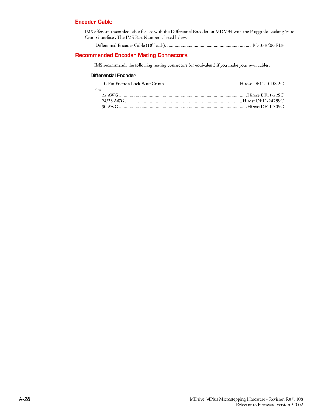 Intelligent Motion Systems MDrive34Plus manual Encoder Cable, Recommended Encoder Mating Connectors 