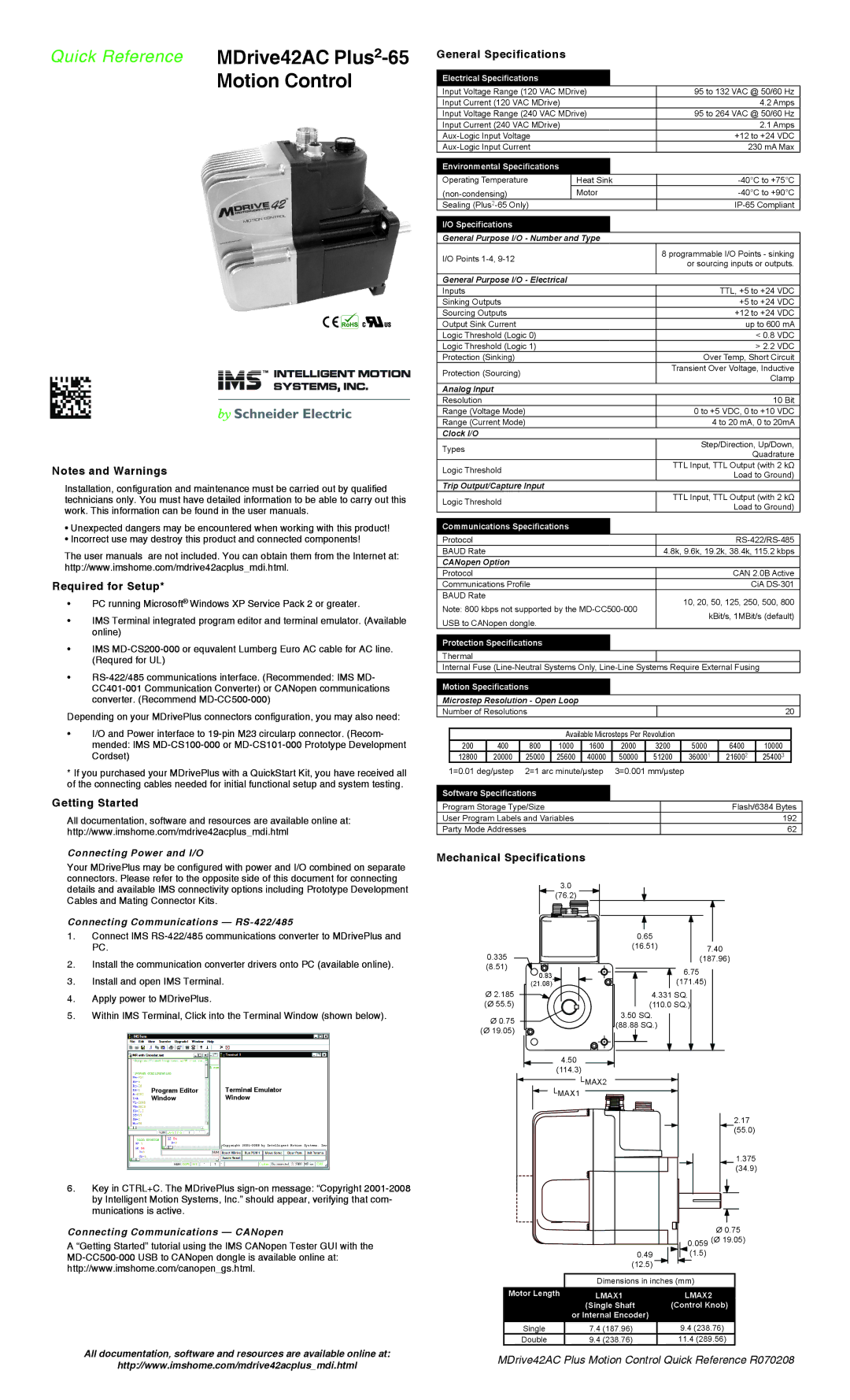 Intelligent Motion Systems MDrive42AC specifications Required for Setup, Getting Started, General Specifications 