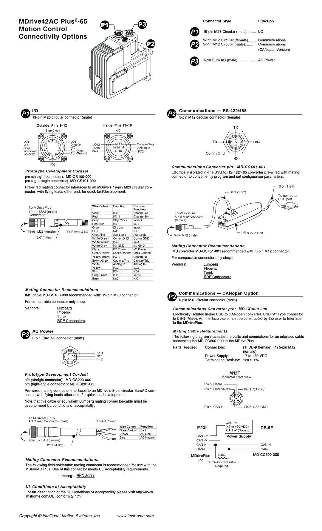 Intelligent Motion Systems MDrive42AC P2 Communications RS-422/485, P3 AC Power, Communications CANopen Option 