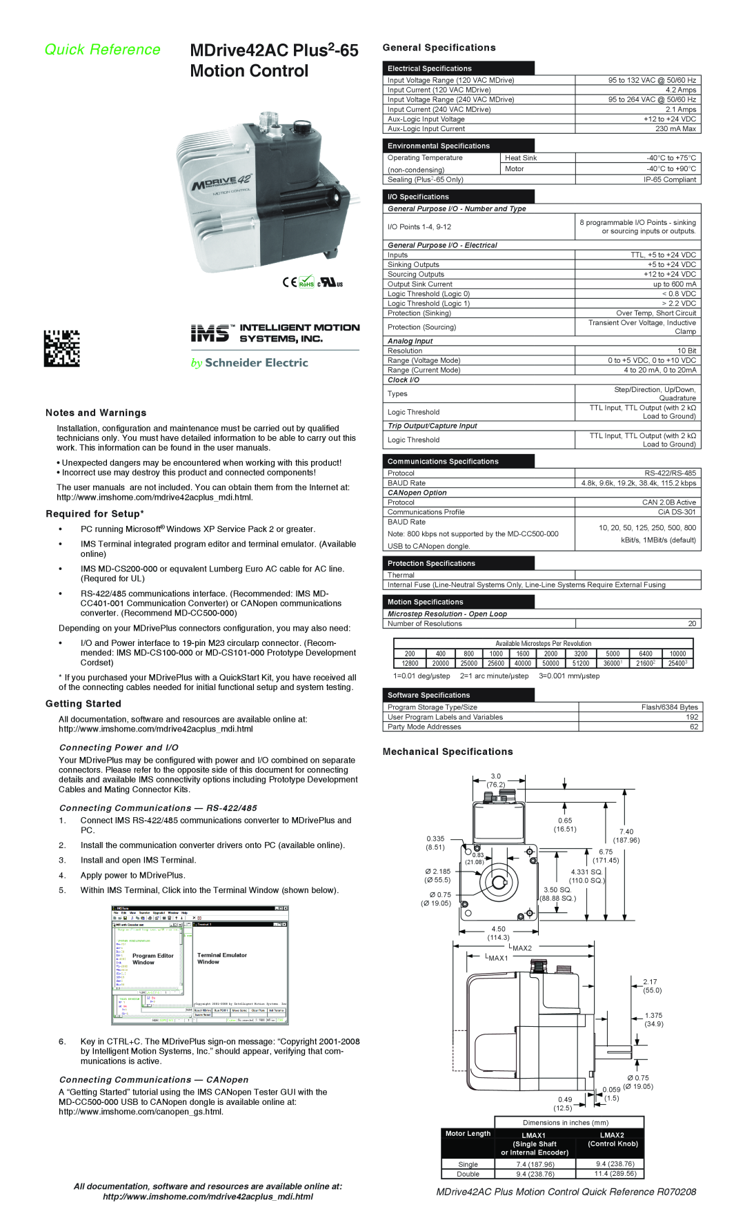 Intelligent Motion Systems MDrive42AC specifications Notes and Warnings, Required for Setup, Getting Started 