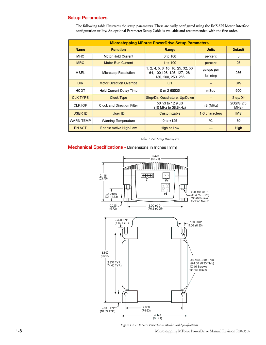 Intelligent Motion Systems MForce Series Microstepping PowerDrive operating instructions Setup Parameters 