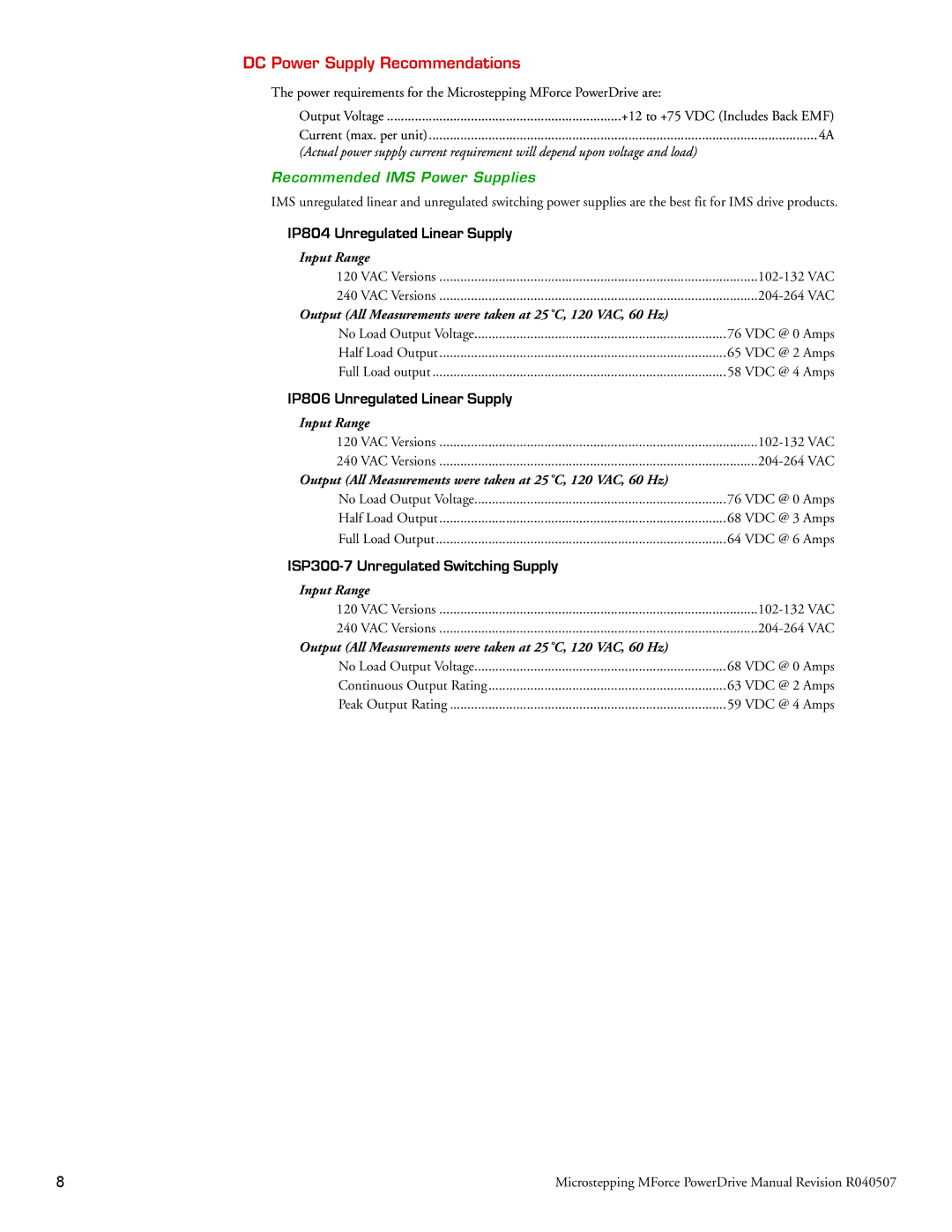 Intelligent Motion Systems MForce Series Microstepping PowerDrive operating instructions DC Power Supply Recommendations 