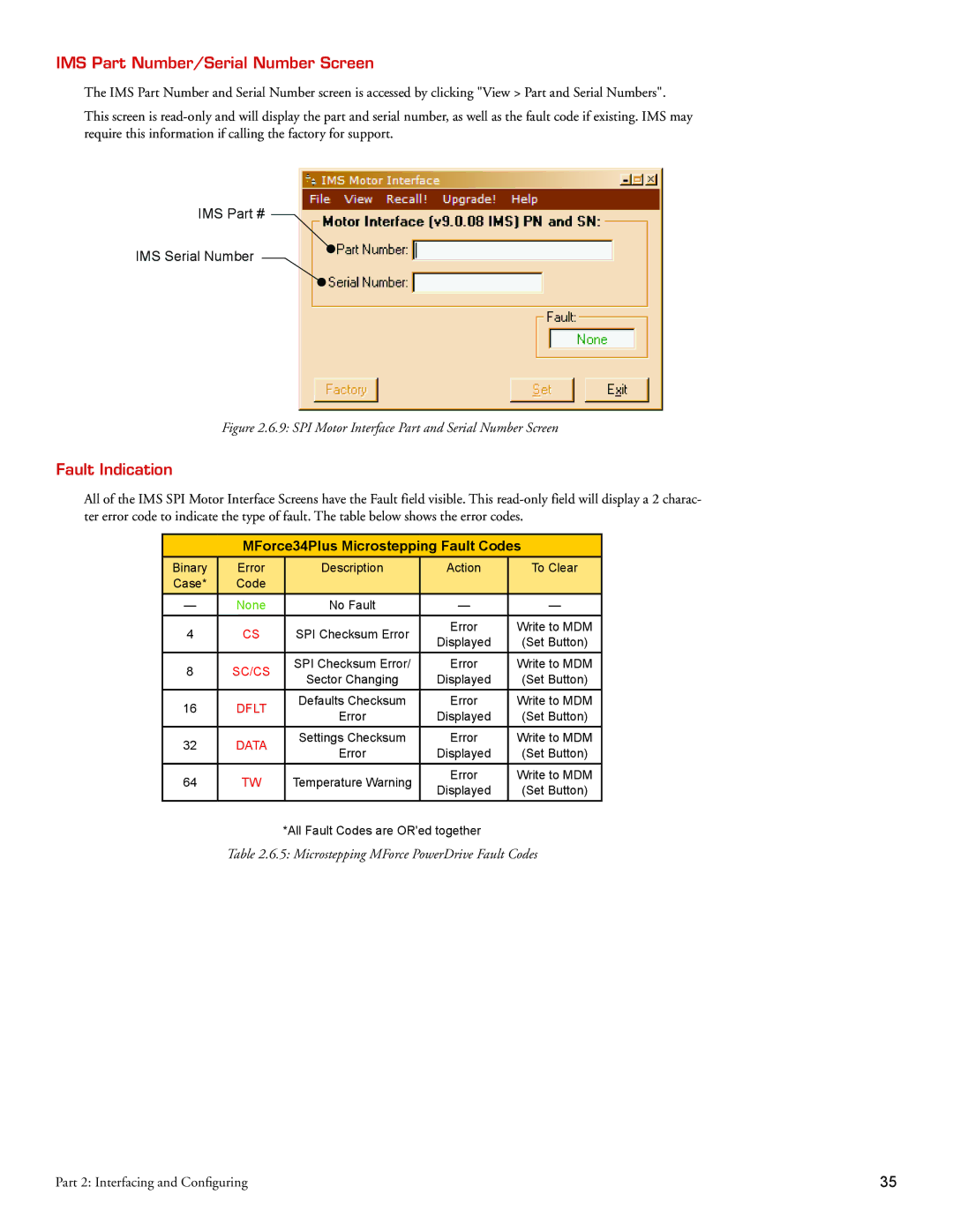 Intelligent Motion Systems MForce Series Microstepping PowerDrive IMS Part Number/Serial Number Screen, Fault Indication 