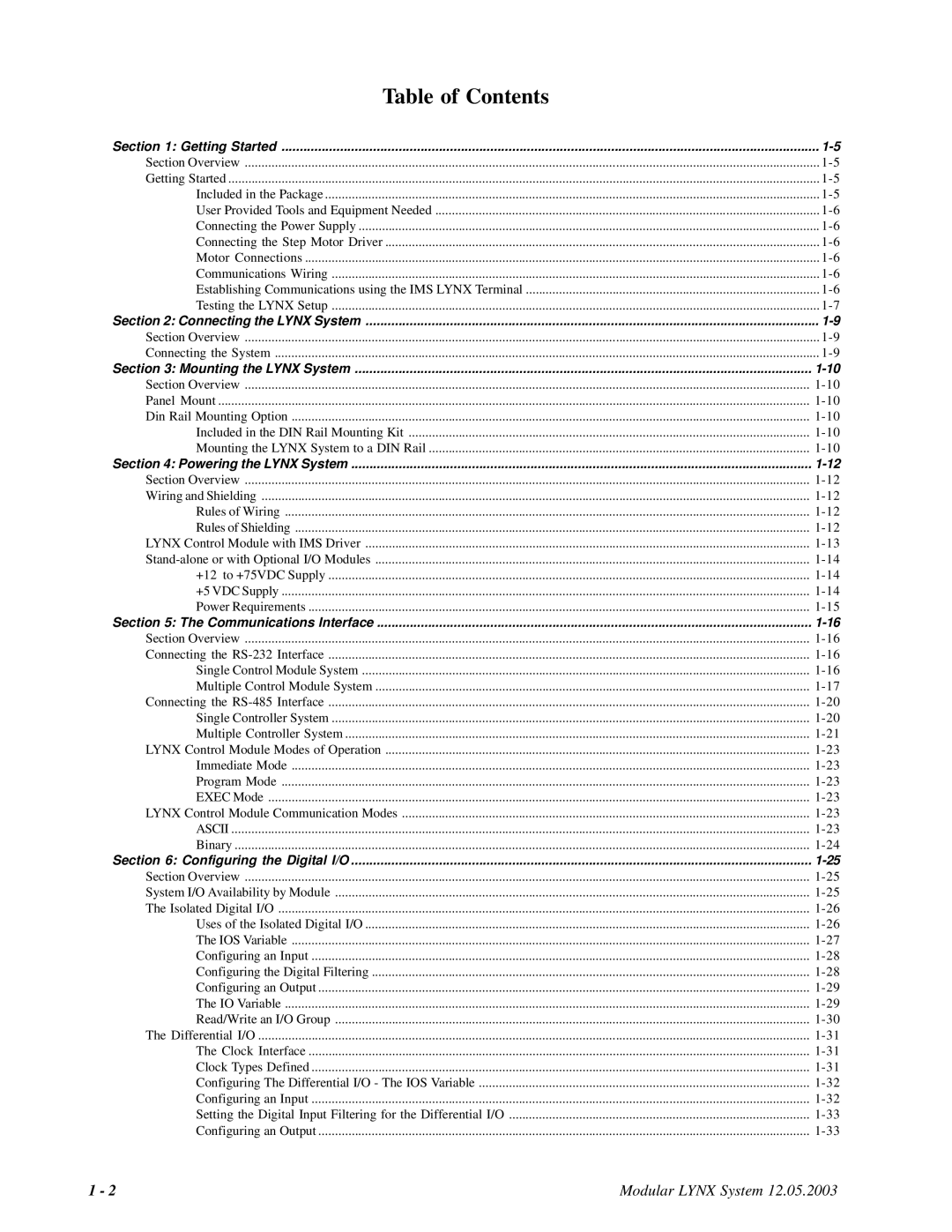 Intelligent Motion Systems Modular LYNX System manual Table of Contents 