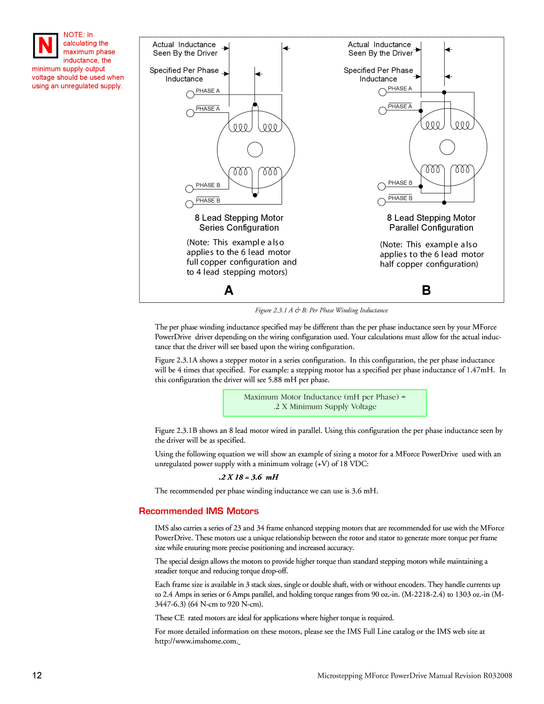 Intelligent Motion Systems Motion Detector Lead Stepping Motor Parallel Configuration, Recommended IMS Motors 