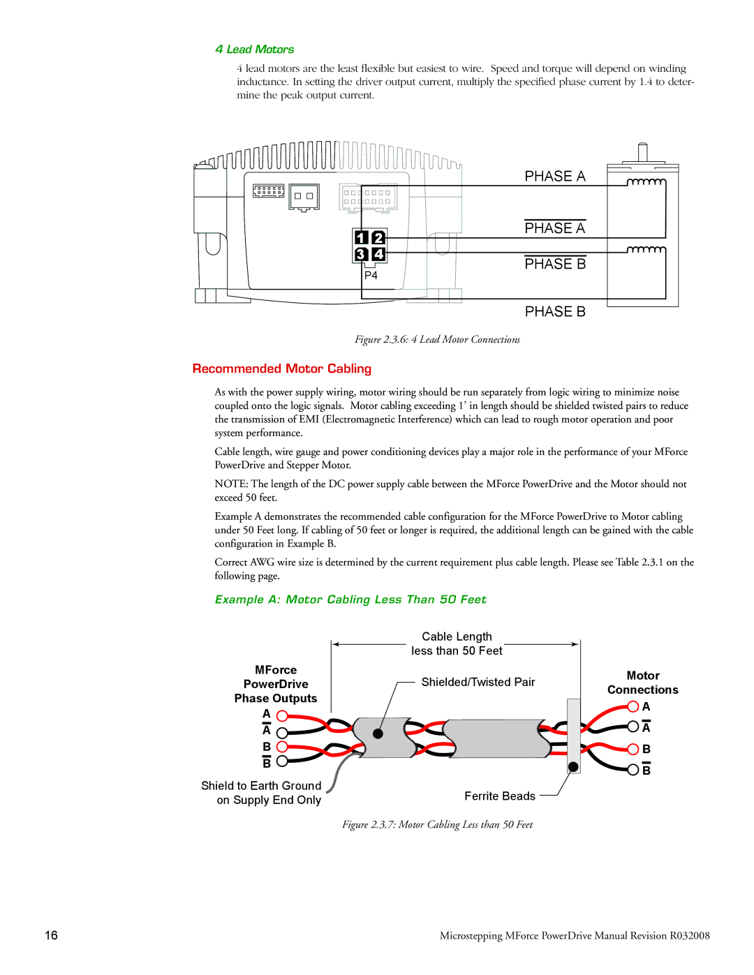 Intelligent Motion Systems Motion Detector Recommended Motor Cabling, MForce PowerDrive Phase Outputs, Motor Connections 