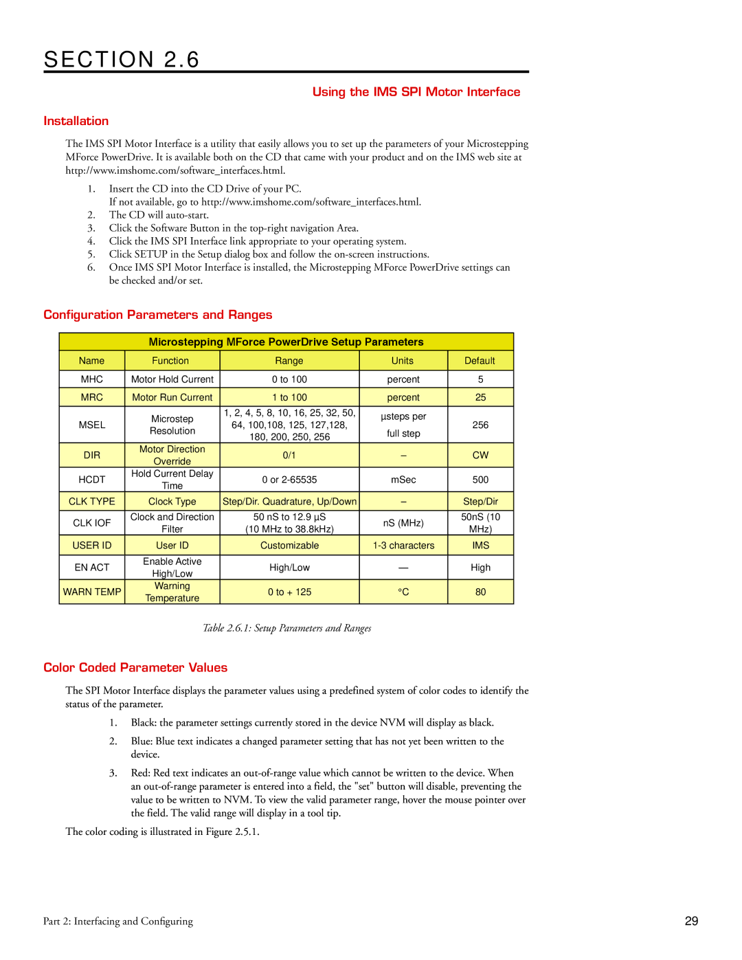 Intelligent Motion Systems Motion Detector Using the IMS SPI Motor Interface Installation, Color Coded Parameter Values 