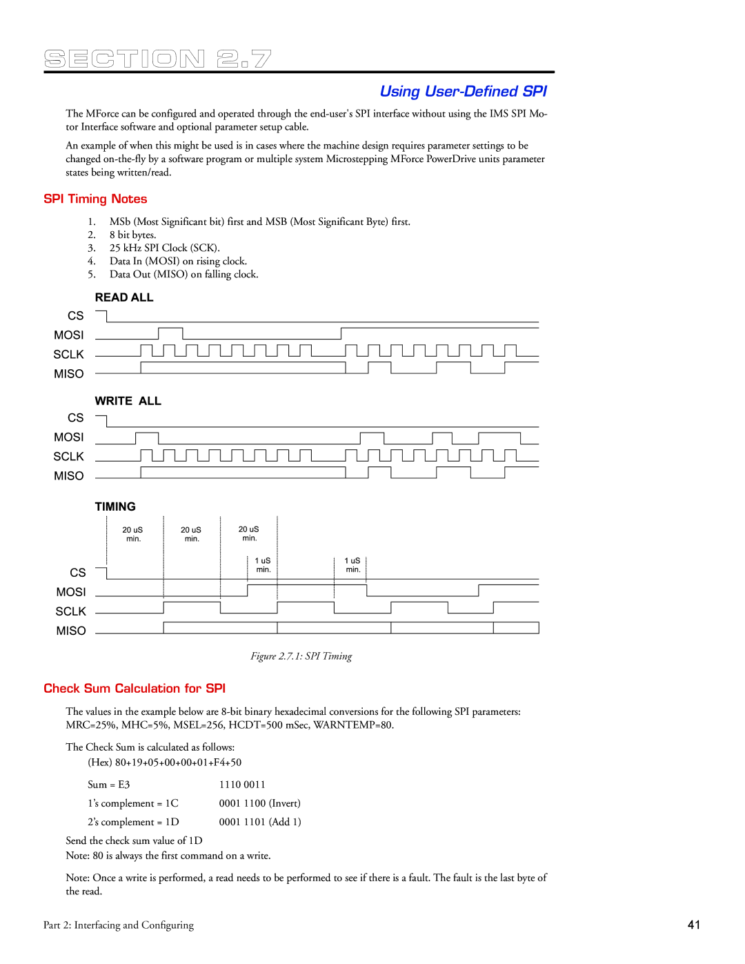 Intelligent Motion Systems Motion Detector Using User-Defined SPI, SPI Timing Notes, Check Sum Calculation for SPI 