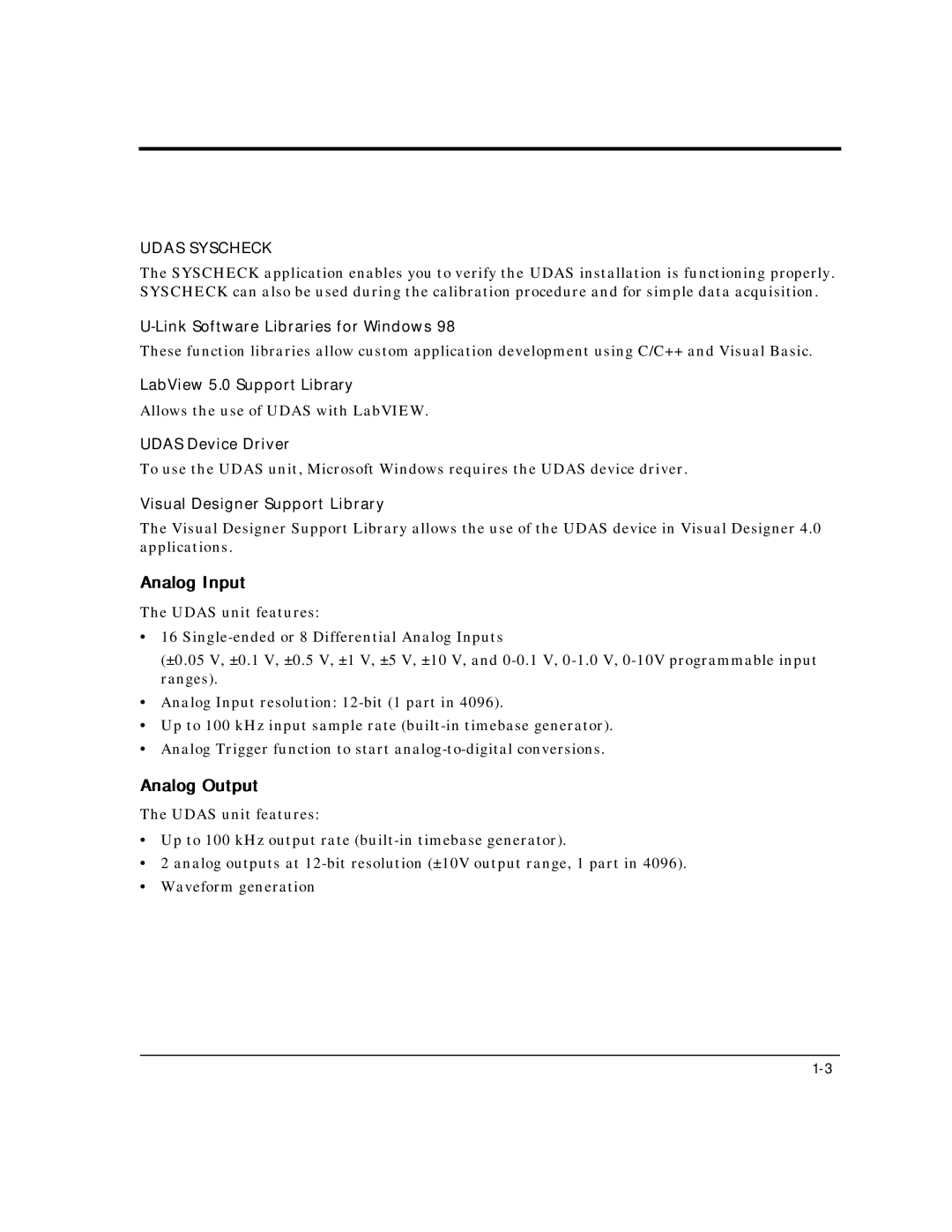 Intelligent Motion Systems UDAS-1001E user manual Analog Input, Analog Output 