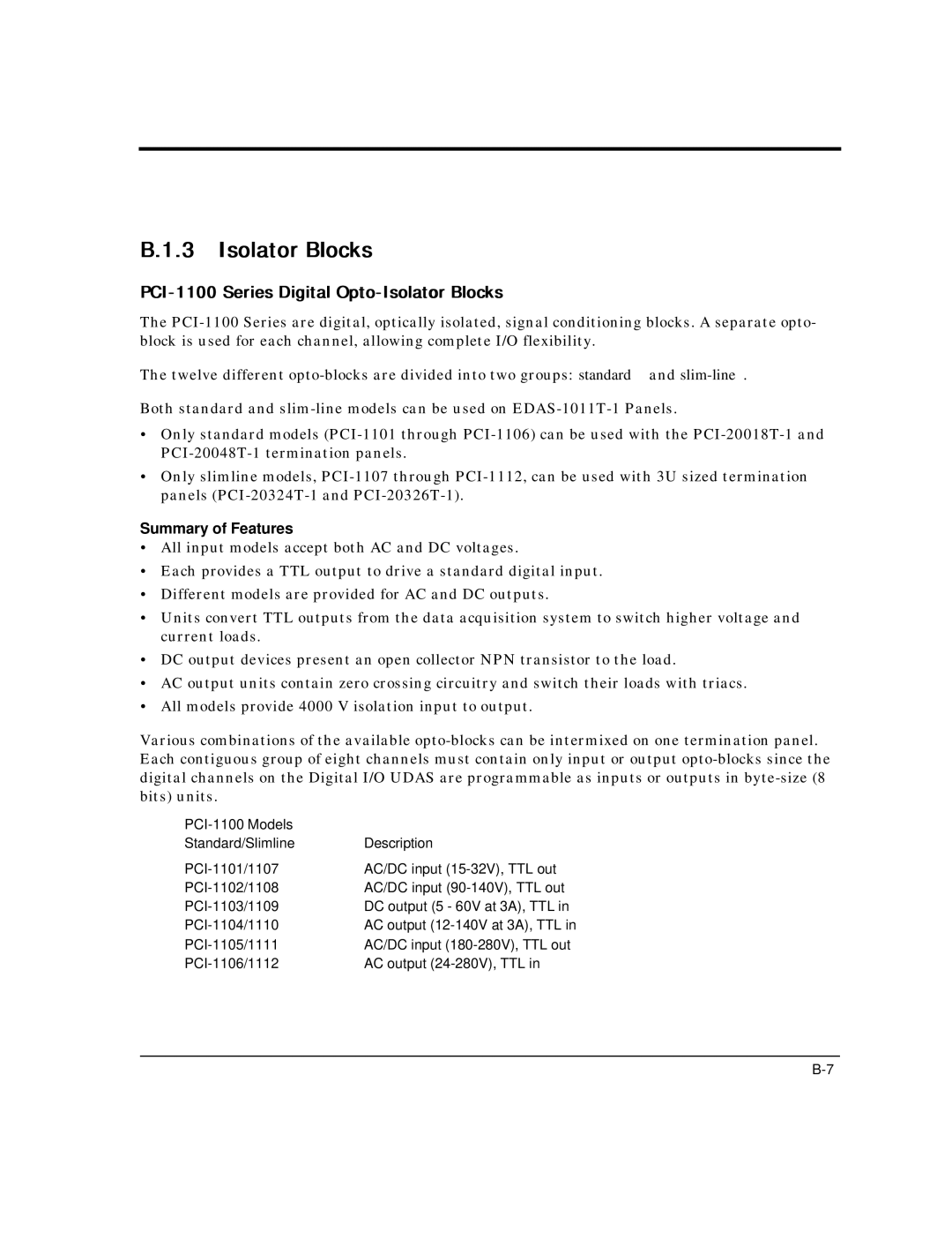 Intelligent Motion Systems UDAS-1001E user manual PCI-1100 Series Digital Opto-Isolator Blocks, Summary of Features 