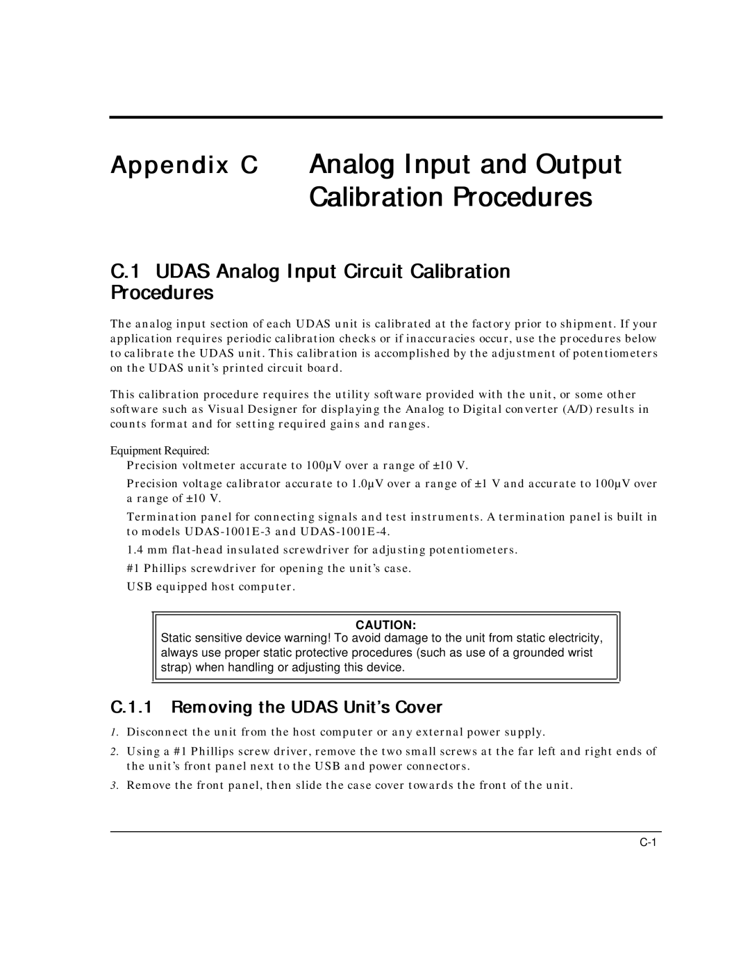 Intelligent Motion Systems UDAS-1001E Udas Analog Input Circuit Calibration Procedures, Removing the Udas Unit’s Cover 