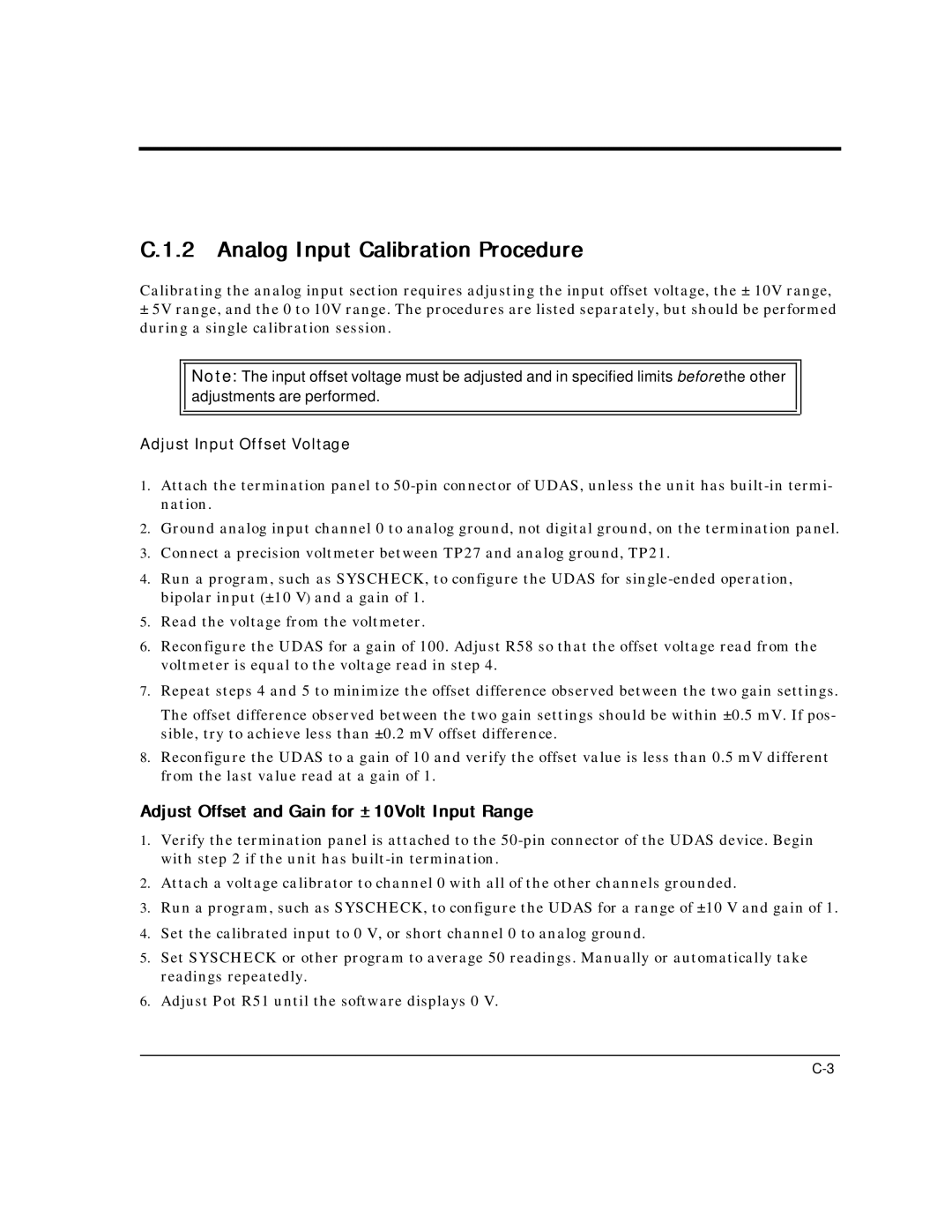 Intelligent Motion Systems UDAS-1001E Analog Input Calibration Procedure, Adjust Offset and Gain for ±10Volt Input Range 